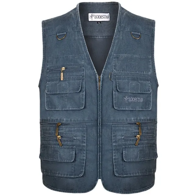 Summer Men's Casual Sleeveless Vest Multi Pocket Cotton Waistcoat Cargo Vest Military Sleeveless Jacket Coat