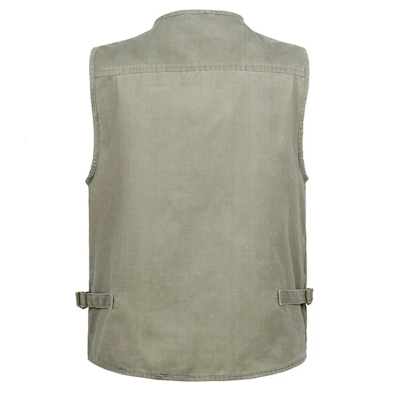 Summer Men's Casual Sleeveless Vest Multi Pocket Cotton Waistcoat Cargo Vest Military Sleeveless Jacket Coat
