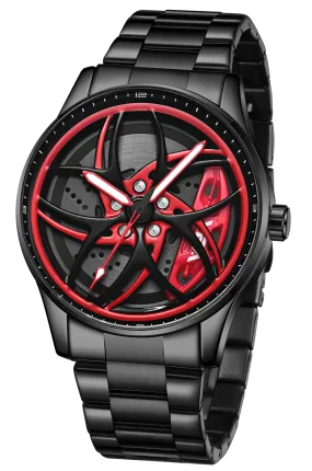 V2A Vortex-3 Series Rolling Wheel Men’s Analog Watch Open Dial Stainless Steel Watch – Car Wheel-Inspired Design, Hollow Out Elegance Casual Watch for Men | Gift for Men (Black-Red)