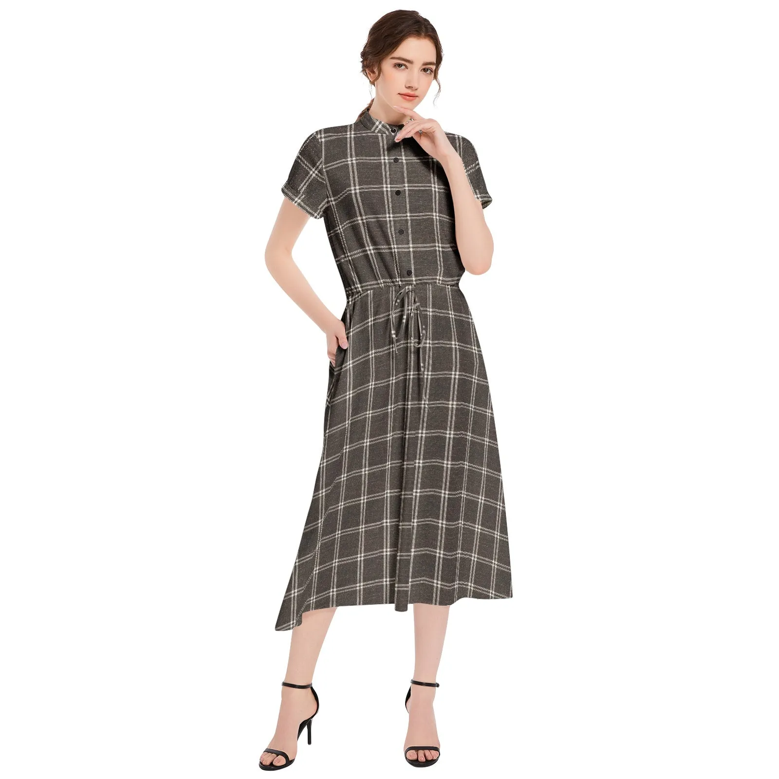 Vampire Art Dark Academia Victorian Vintage Brown Windowpane A-line Flared Midi Dress