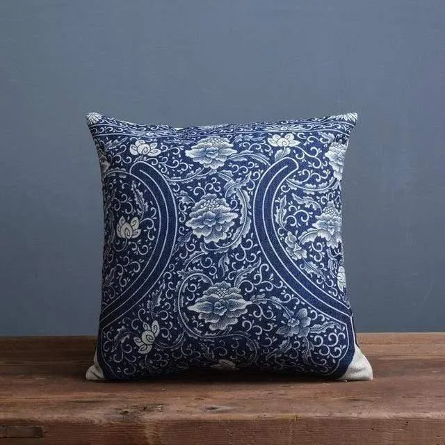 Vintage Blue And White Porcelain Printed Cushion Cover