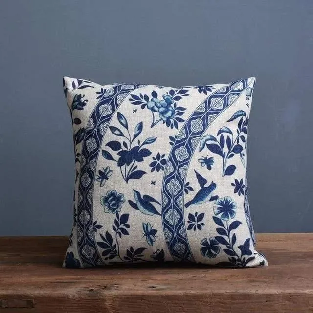 Vintage Blue And White Porcelain Printed Cushion Cover