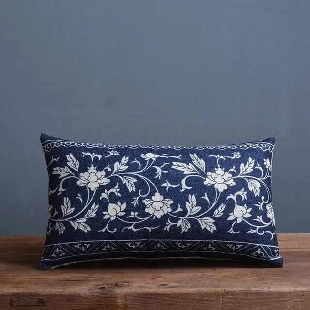 Vintage Blue And White Porcelain Printed Cushion Cover