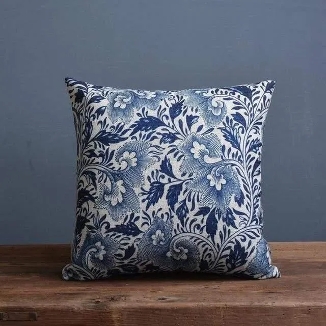Vintage Blue And White Porcelain Printed Cushion Cover