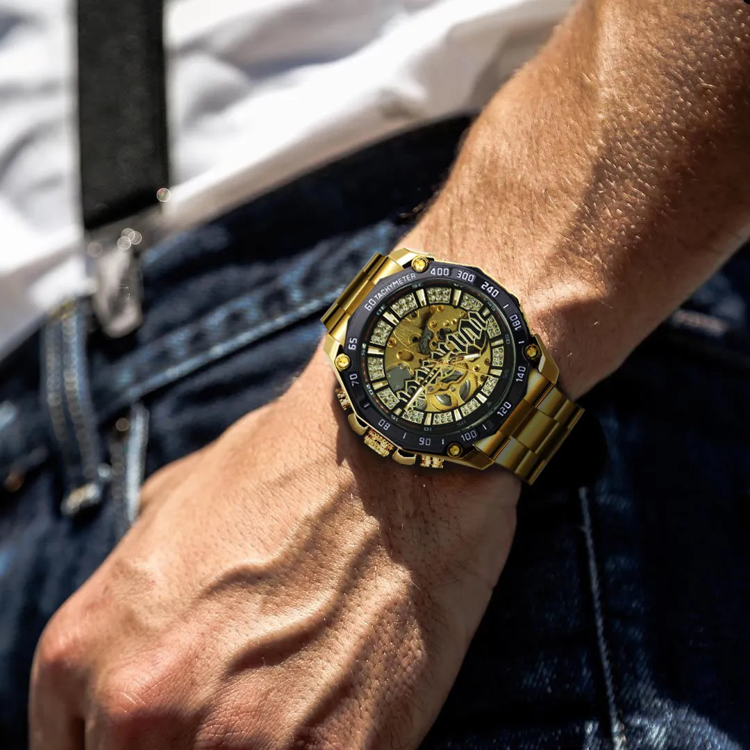 WINNER Military Gold Iced Out Skeleton Automatic Mechanical Watch for Men TM340